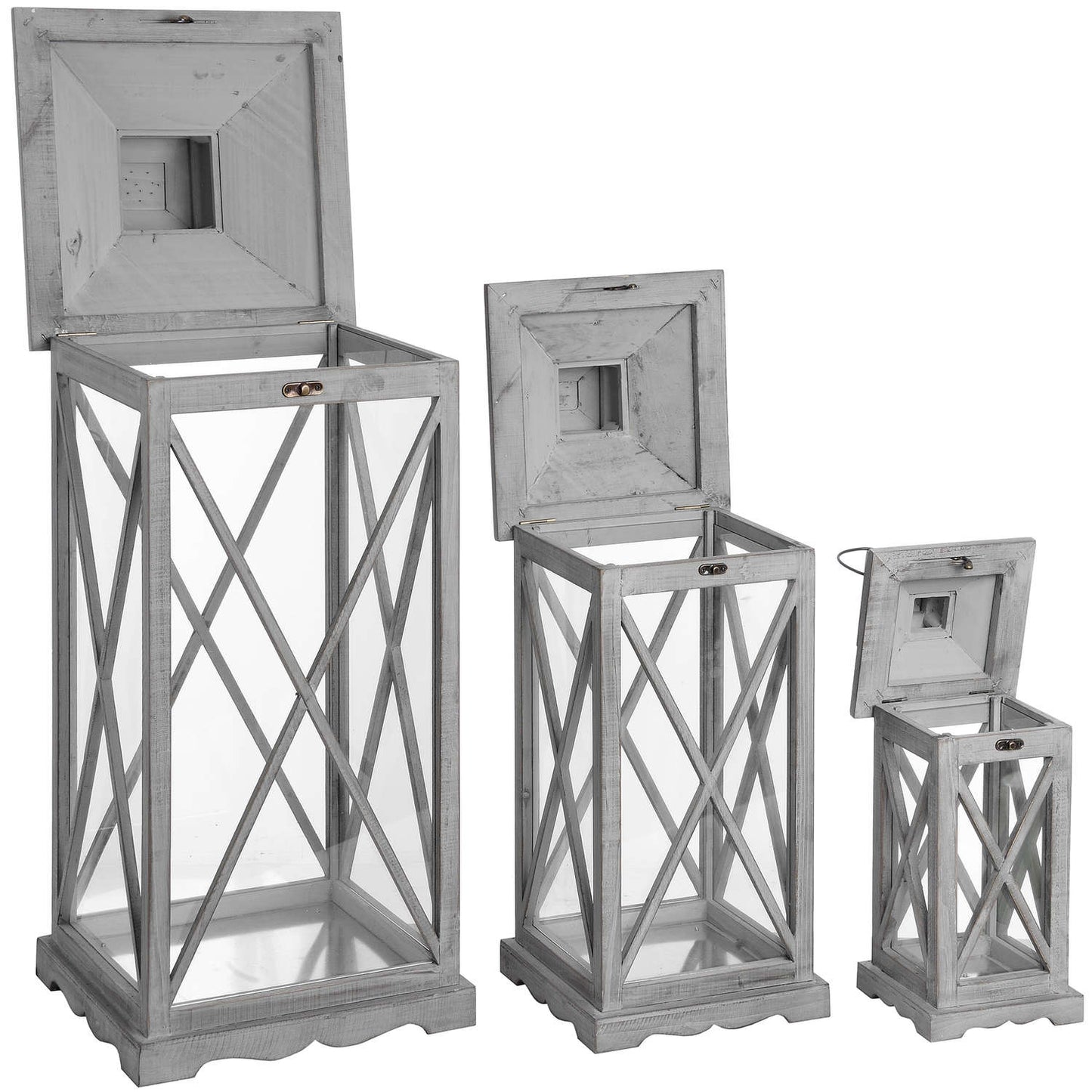 Set Of Three Wooden Lanterns With Traditional Cross Section