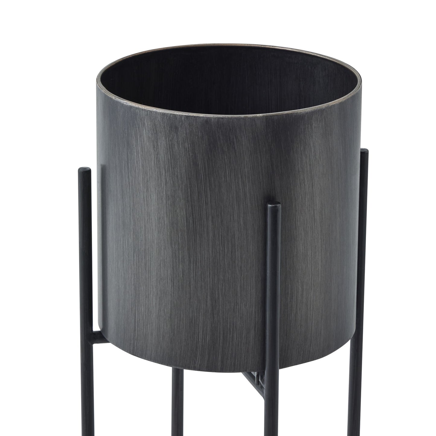 Gun Metal Grey Cylindrical Planter On Black Frame