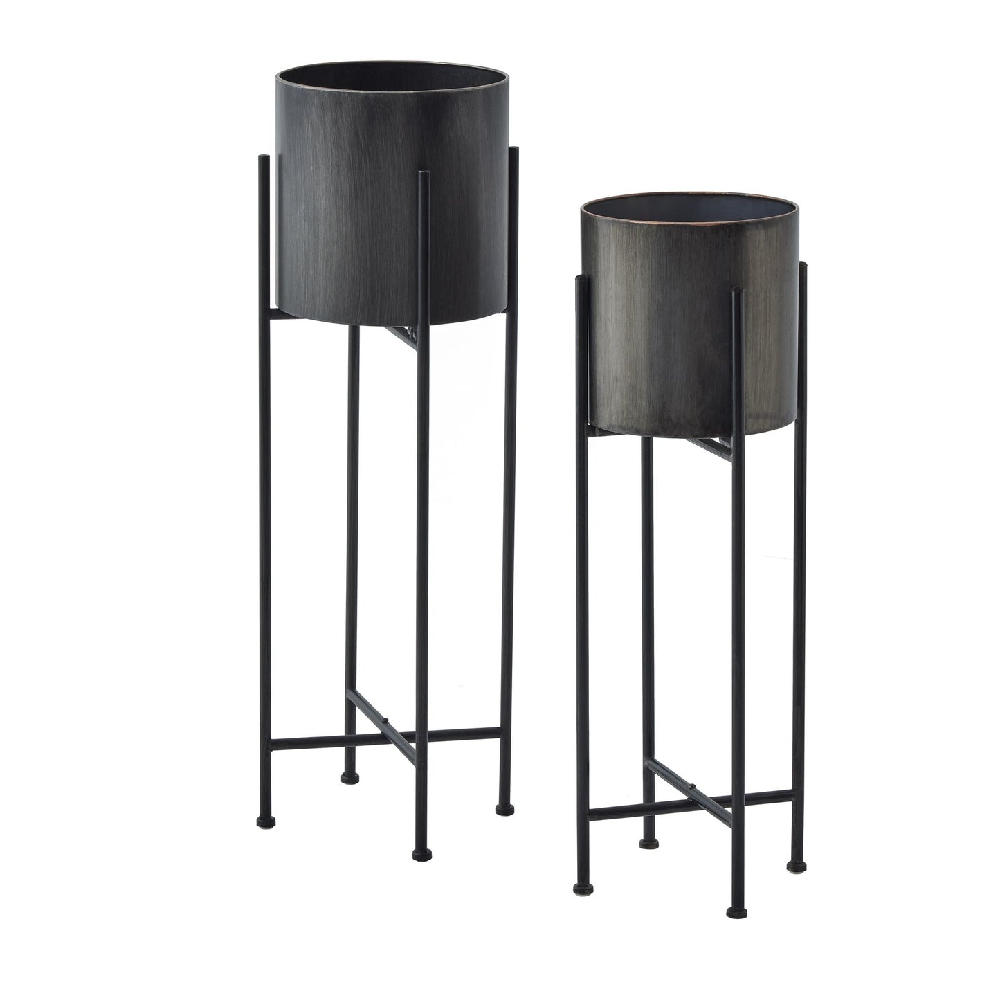 Gun Metal Grey Cylindrical Planter On Black Frame